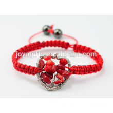 New arrival Tree of Life Natural Red Coral Chip Woven Heart Shape Bracelet With Red Cord